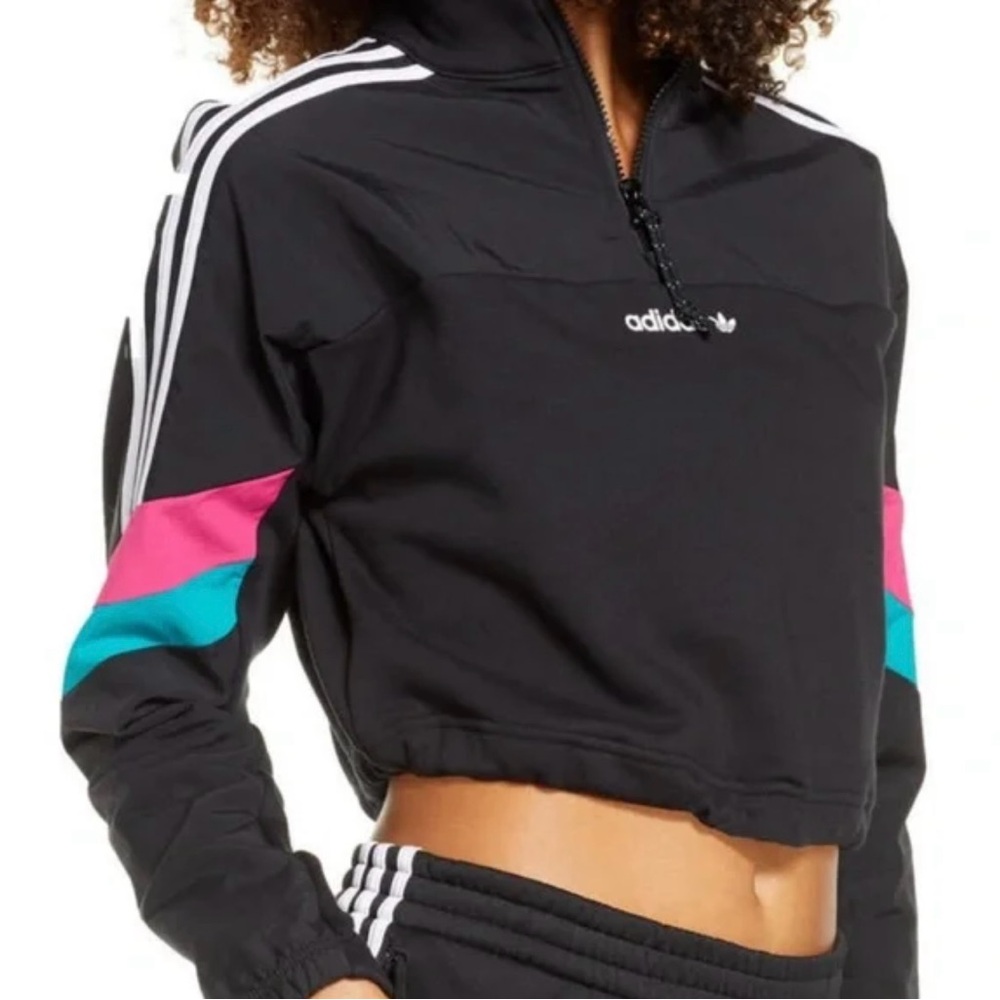 Adidas Black Half-Zip Jacket with Pink and Teal Stripes